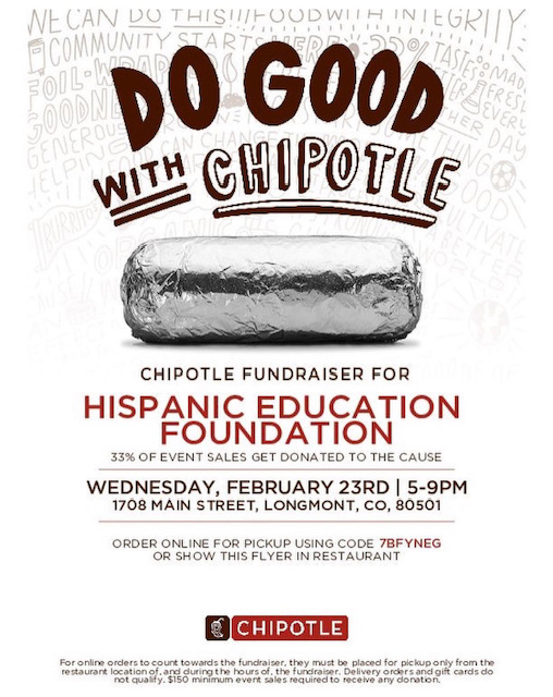 Fundraising Event benefiting the Hispanic Education Foundation on Wednesday, February 23rd, 5:00 - 9:00 pm. Order Online for pickup using code 7BFYNEG.