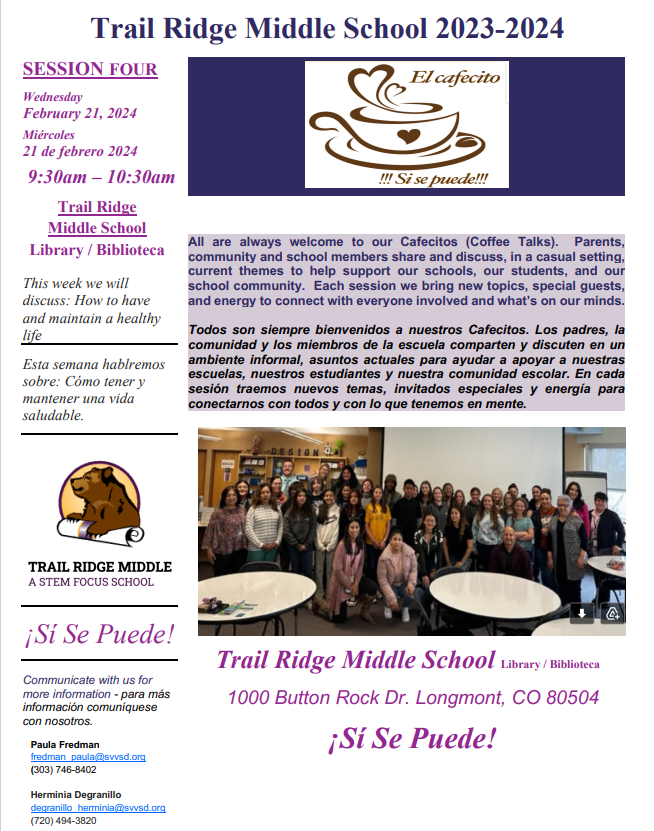       Join us for our next Cafecito on Wednesday, February 21, 2024 in the Library.