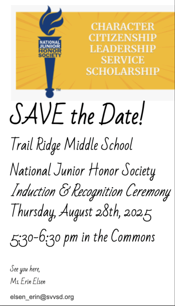 Event announcement for National Junior Honor Society induction at Trail Ridge Middle School on August 28, 2025, 5:30-6:30 PM.