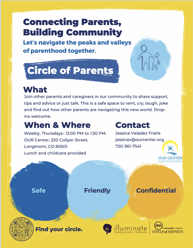 A flyer promoting a parenting support group with details on location, time, and contact information.
