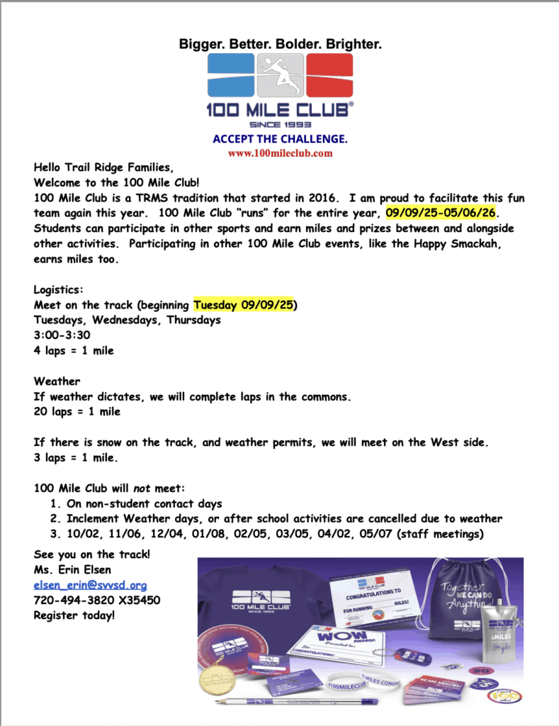Information about the 100 Mile Club, including meeting times, weather policies, and contact details.