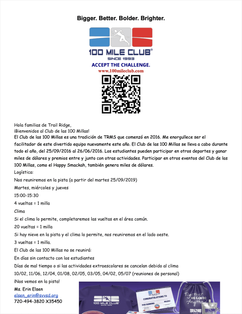 Flyer for the 100 Mile Club, detailing activities, schedule, and contact info, with a QR code and club logo.