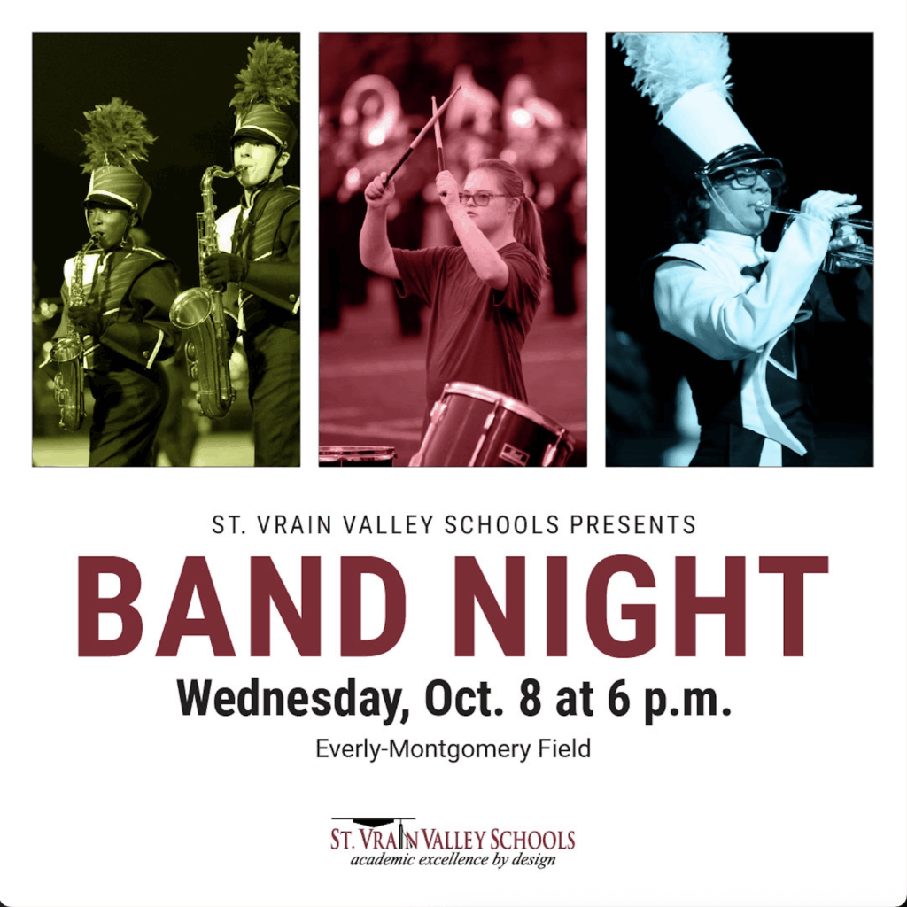 Image promoting Band Night at St. Vrain Valley Schools on Oct. 8, featuring musicians in uniform and instruments.
