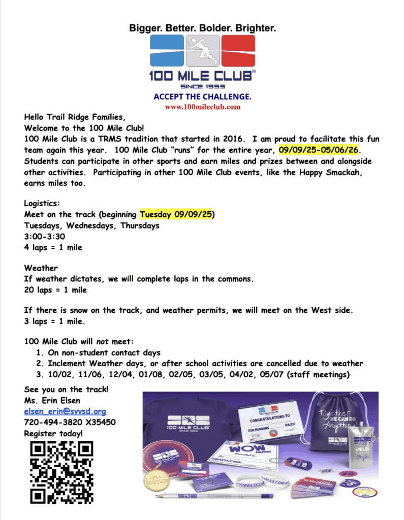 Document about the 100 Mile Club, including logistics, meeting schedule, and weather guidelines, with contact info and QR code.