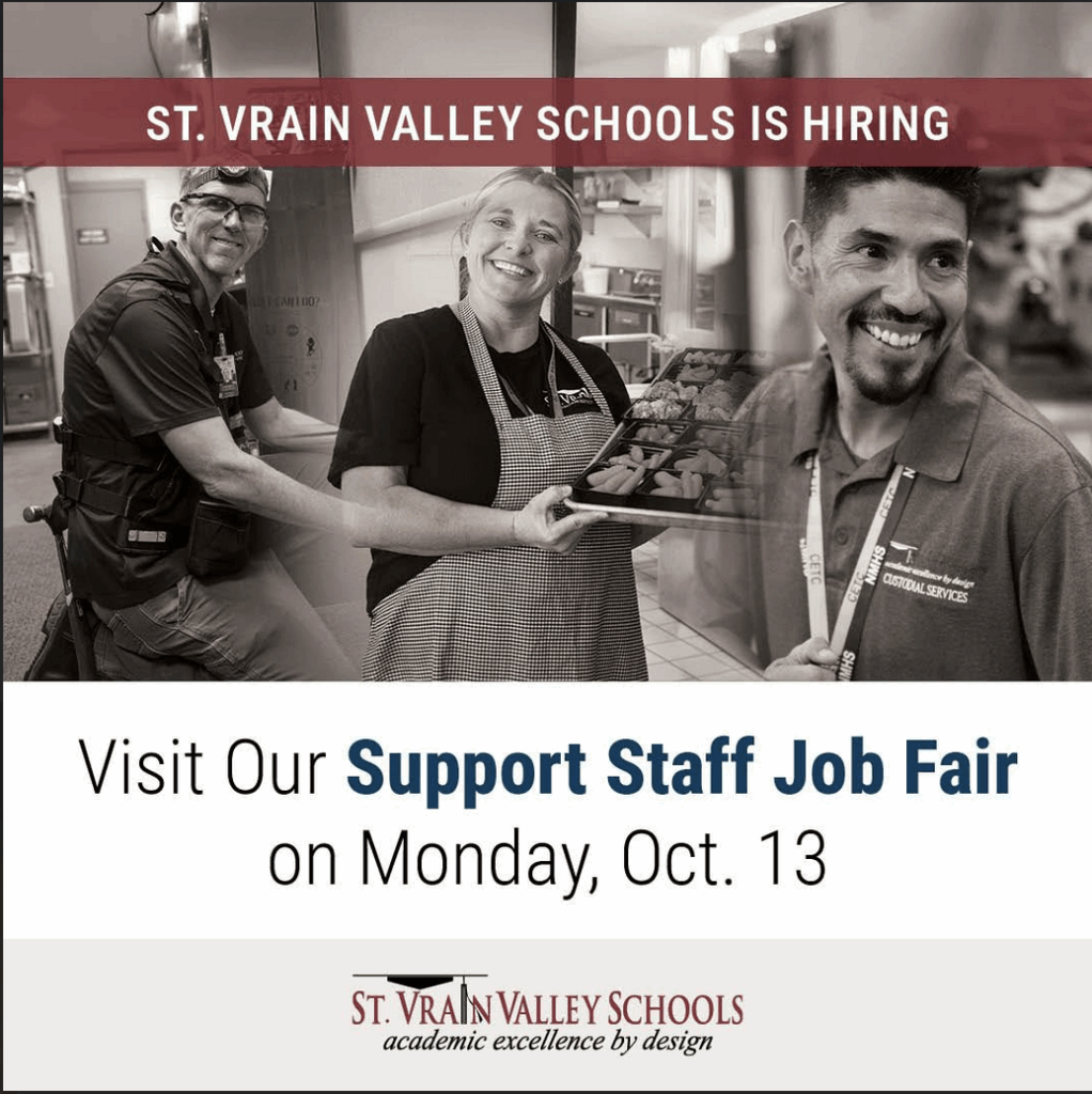 Image promoting a job fair for St. Vrain Valley Schools, featuring smiling staff and details about the event.
