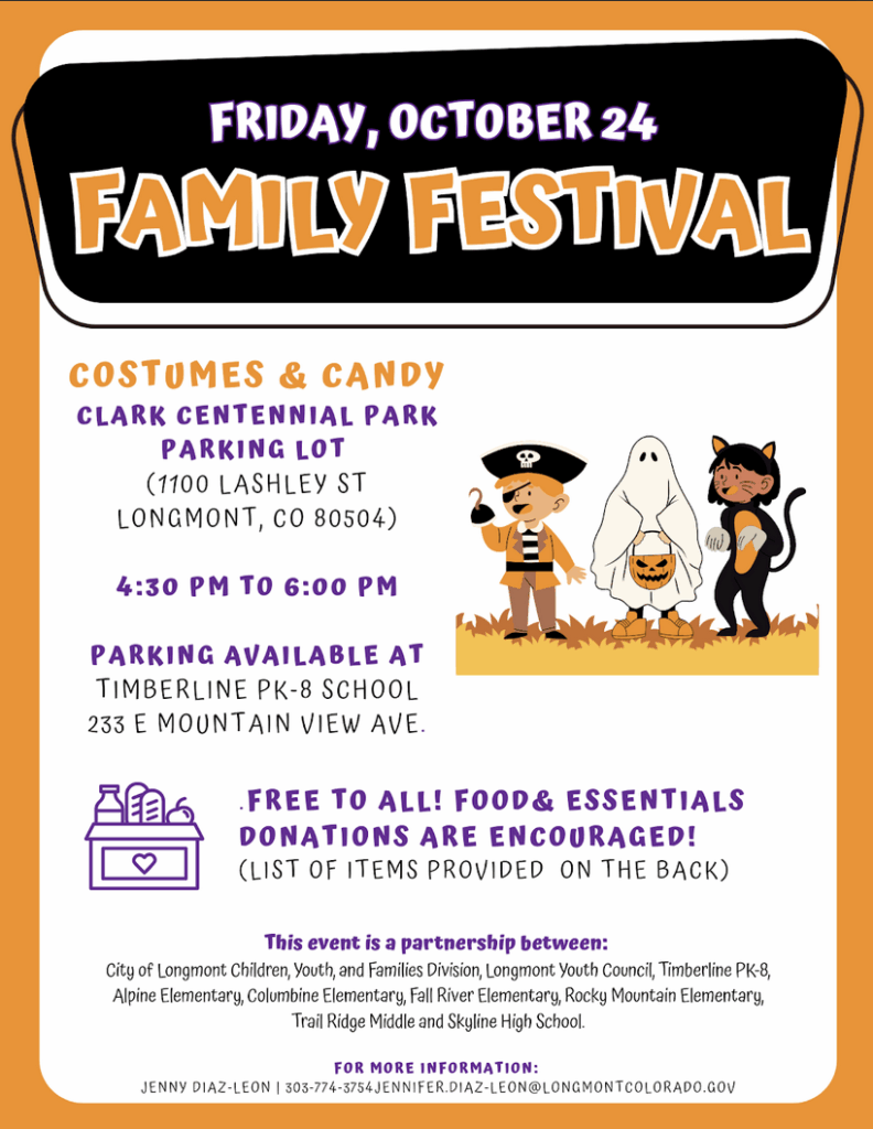 Family Festival on October 24 at Clark Centennial Park, 4:30-6 PM. Costumes, candy, free event, donations encouraged.