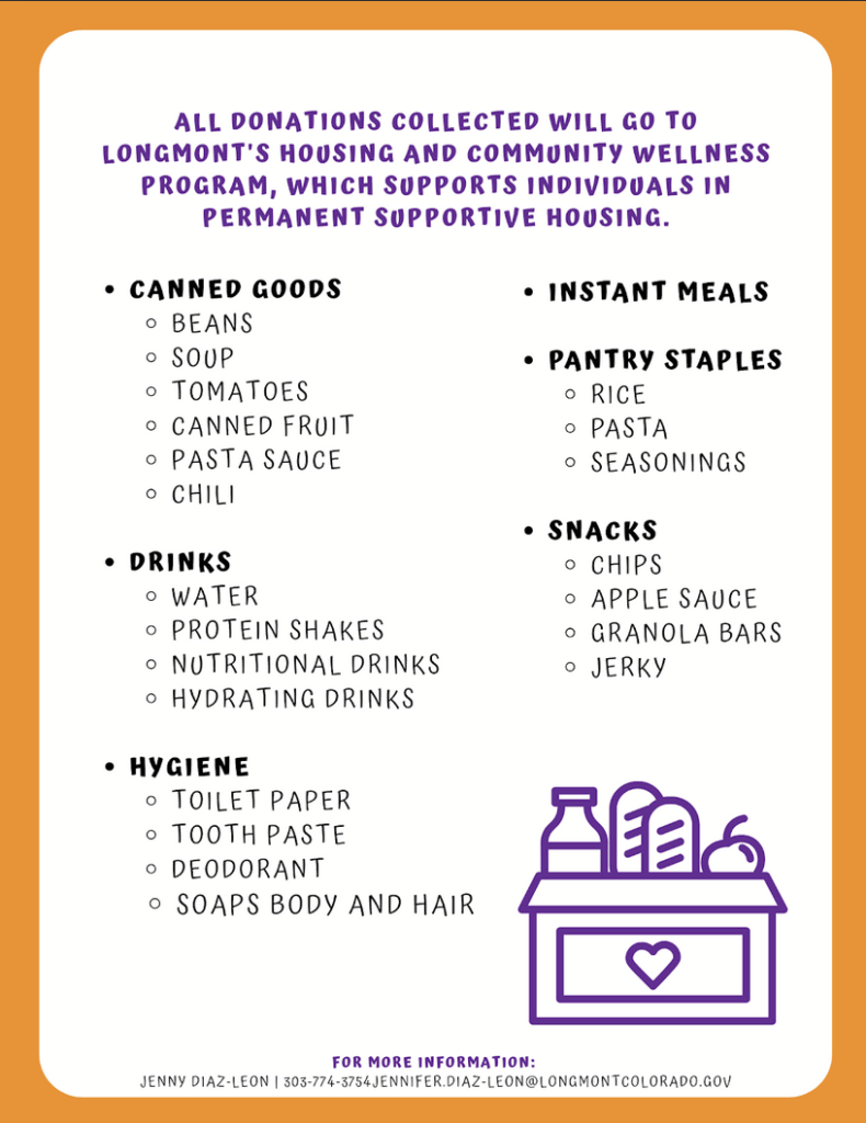 Donation request poster listing items needed for Longmont's Housing and Community Wellness Program, including food and hygiene products.