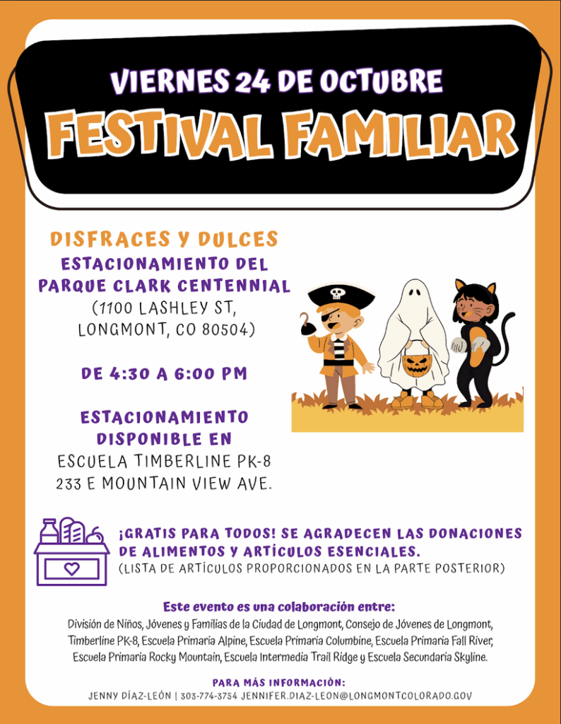 Family Festival on October 24 at Clark Centennial Park, featuring costumes, treats, and donation requests for essentials.