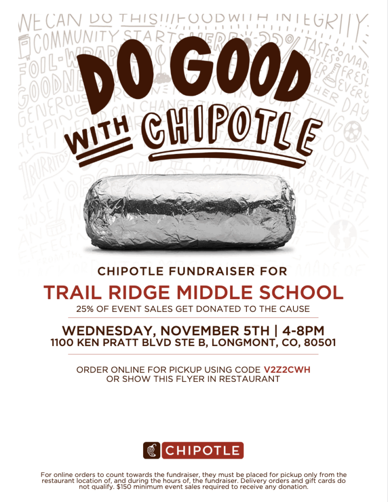 Promotional flyer for a Chipotle fundraiser supporting Trail Ridge Middle School on November 5th, 4-8 PM.