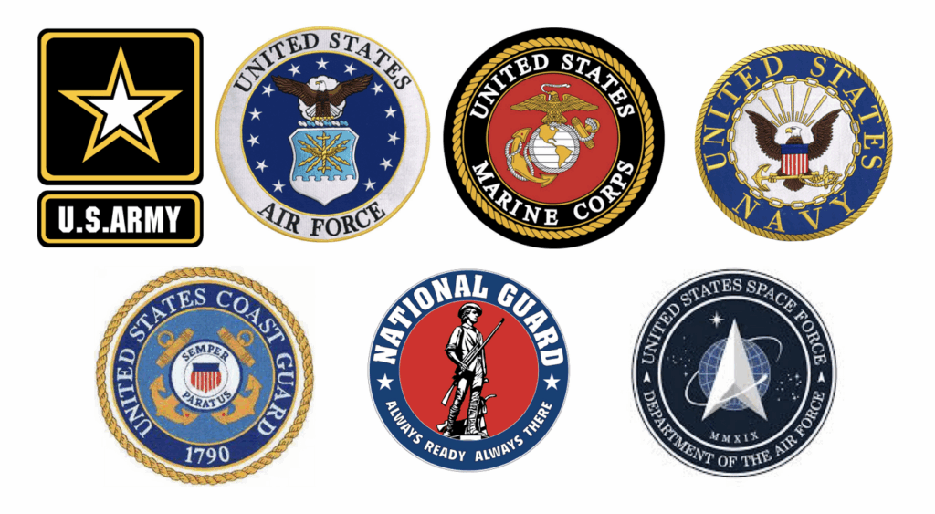 Logos of U.S. military branches: Army, Air Force, Marine Corps, Navy, Coast Guard, National Guard, Space Force.