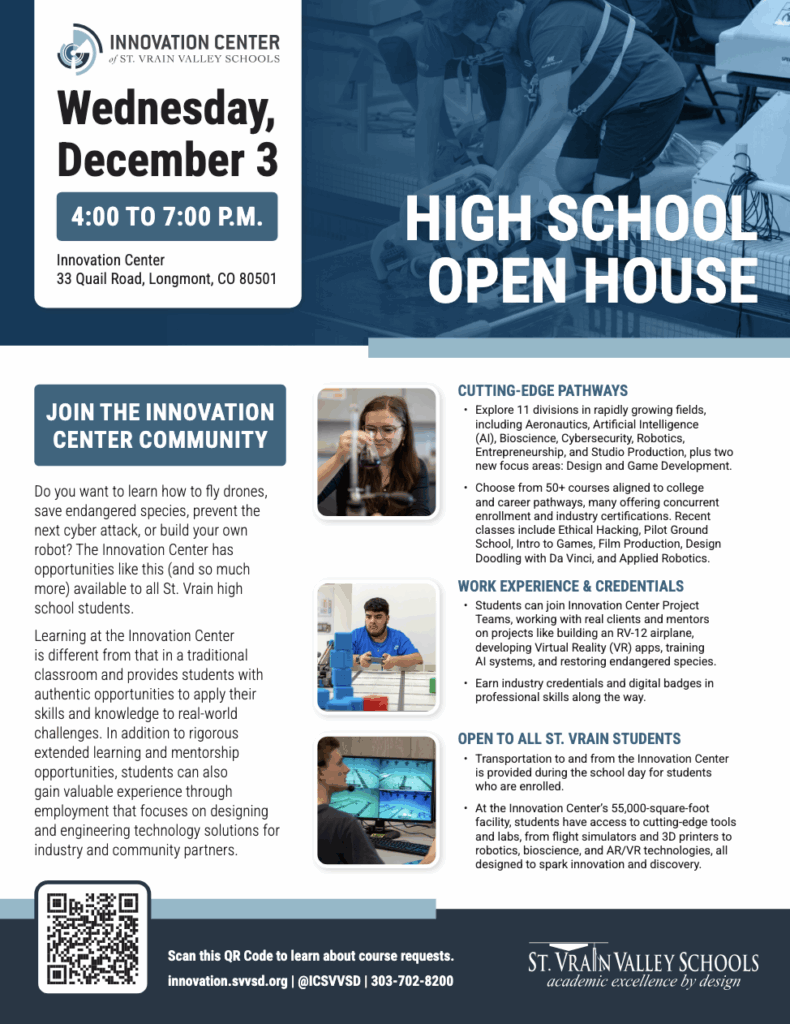 Image of a flyer for a High School Open House at the Innovation Center, detailing event info and educational opportunities.