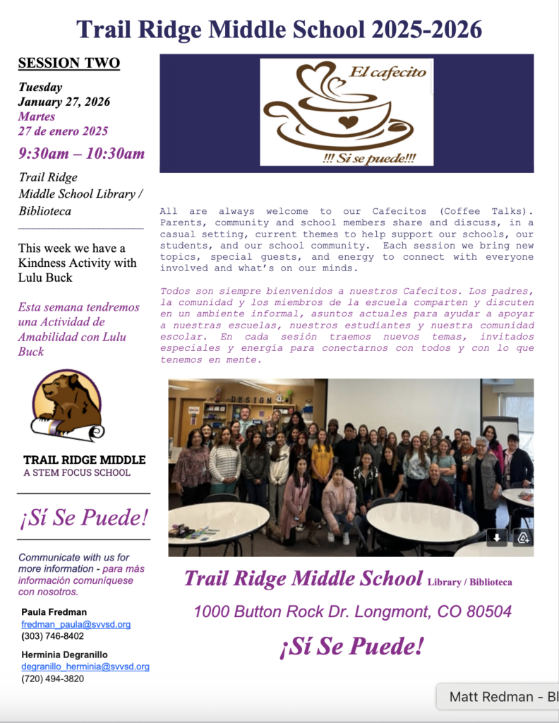 Image of a flyer for Trail Ridge Middle School's Cafecitos event with details, including date, time, and a group photo of attendees.