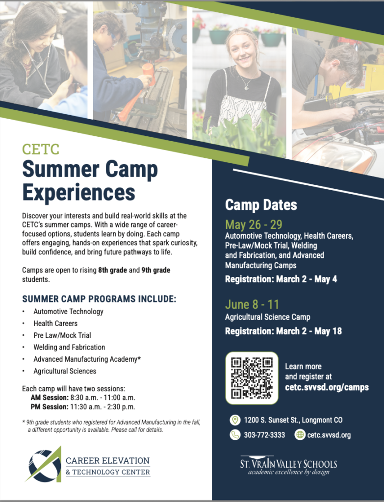 CETC summer camp flyer detailing programs, dates, and registration info for rising 8th and 9th graders.