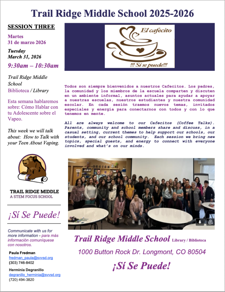 Image of a flyer announcing a community event at Trail Ridge Middle School, featuring a group photo and event details.