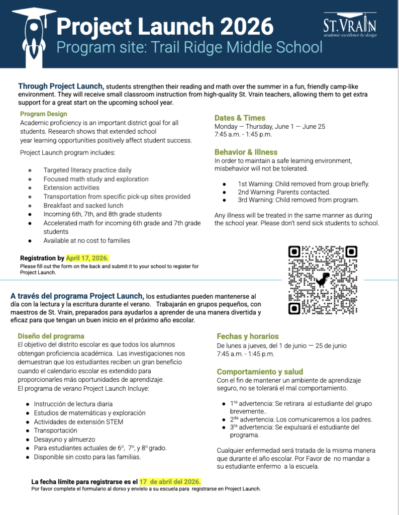 Informational flyer about Project Launch 2026 at Trail Ridge Middle School, detailing program goals, schedule, and registration.