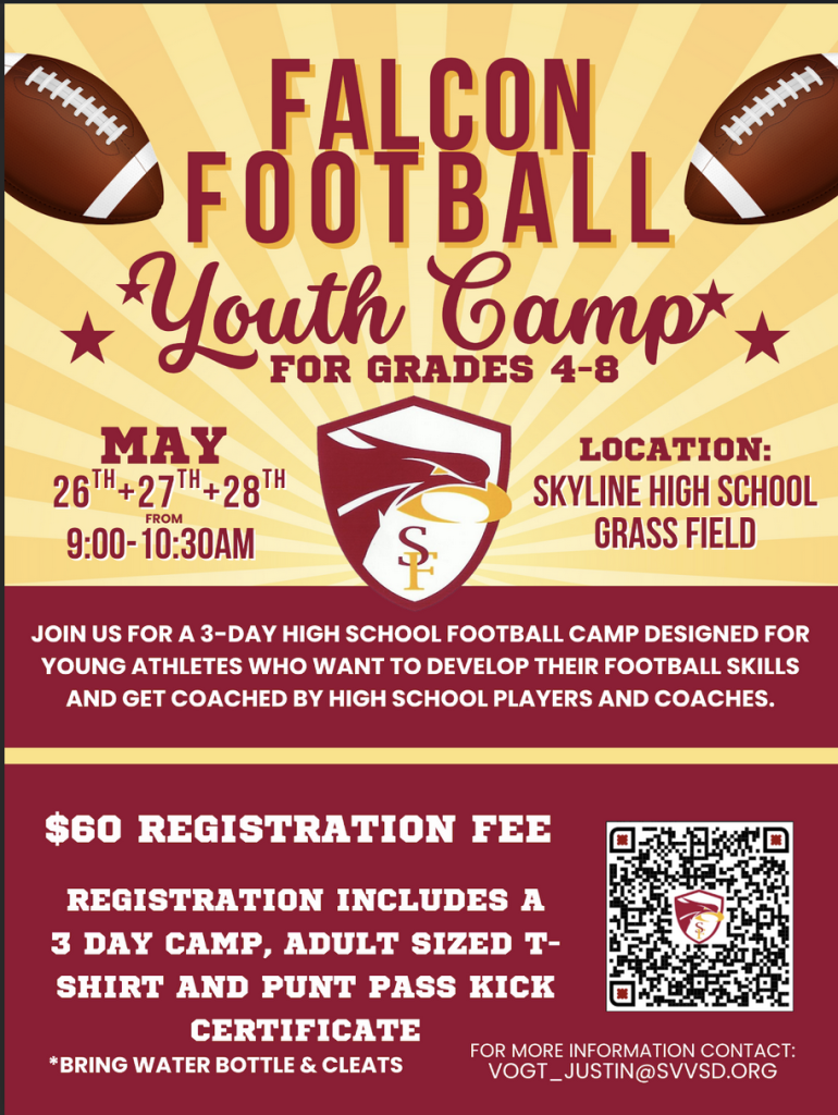 Campamento de fútbol americano para jóvenes de Falcon, dirigido a alumnos de 4.º a 8.º curso, del 26 al 28 de mayo, de 9:00 a 10:30 de la mañana, en Skyline High . Cuota de inscripción: 60 $.