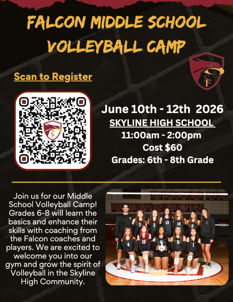 Folleto promocional del campamento de voleibol de la Escuela Secundaria Falcon, del 10 al 12 de junio de 2026, en Skyline High . Abierto a alumnos de 6.º a 8.º curso.