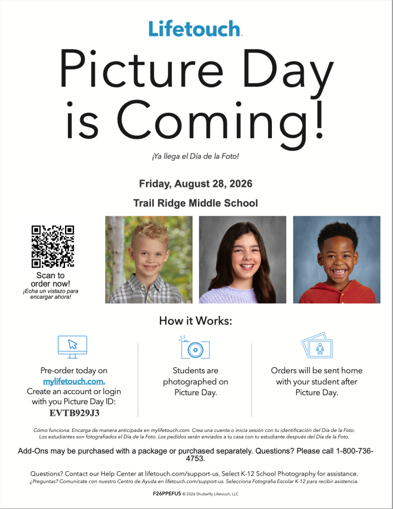 Image announcement for Picture Day at Trail Ridge Middle School on August 28, 2026, with details and a QR code.