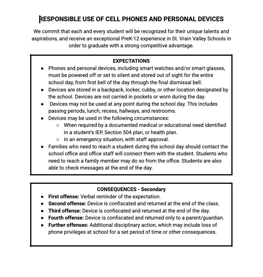 Cell phone policy for students outlines expectations and consequences for misuse, with exceptions for emergencies.