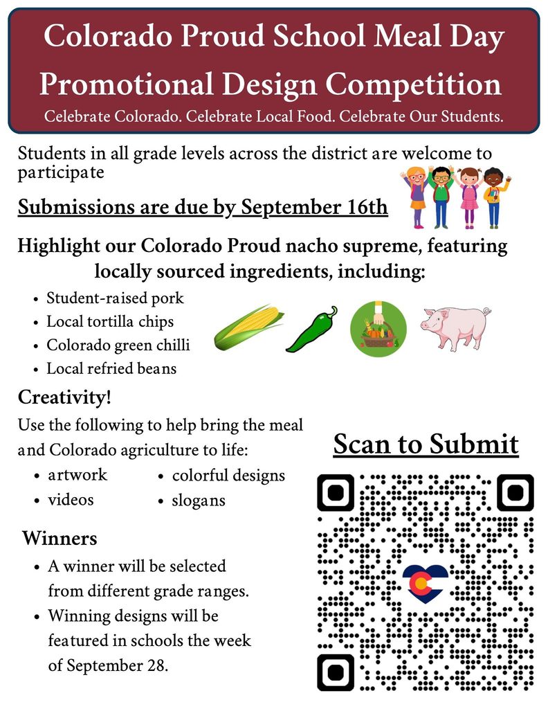 Promotional flyer for Colorado Proud School Meal Day design competition, featuring local ingredients and submission details.