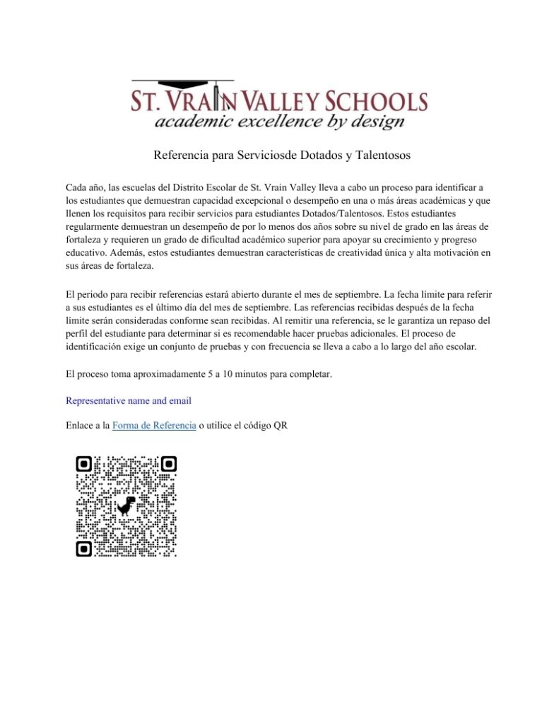Detalles del proceso de derivación a los servicios para alumnos superdotados de las Escuelas del Valle de St. Vrain en español, con un código QR para acceder al formulario de derivación.
