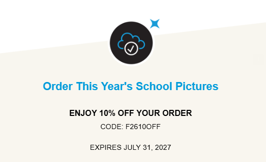 School picture order promo: 10% off with code F2610OFF, expires July 31, 2027. Redeem now.