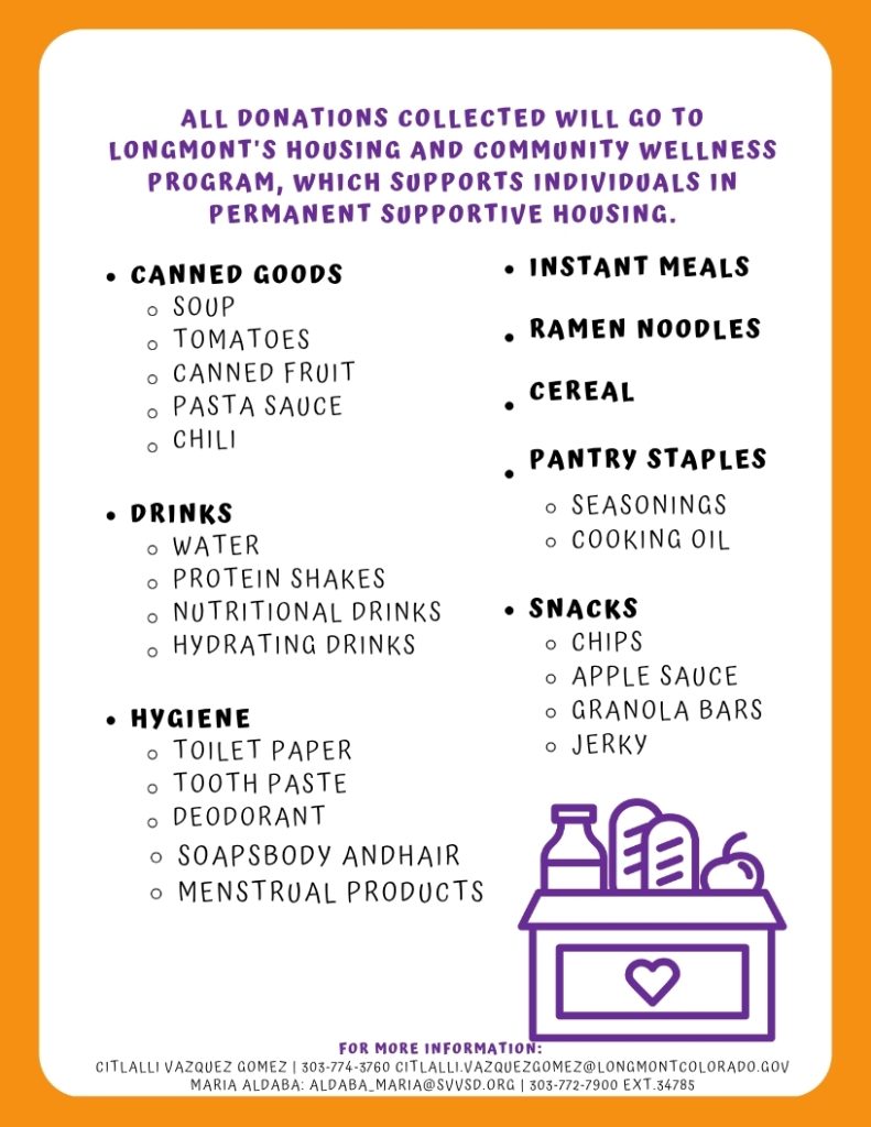 Folleto de donaciones en el que se enumeran los artículos necesarios para el programa de vivienda y bienestar de Longmont, entre los que se incluyen alimentos y productos de higiene.